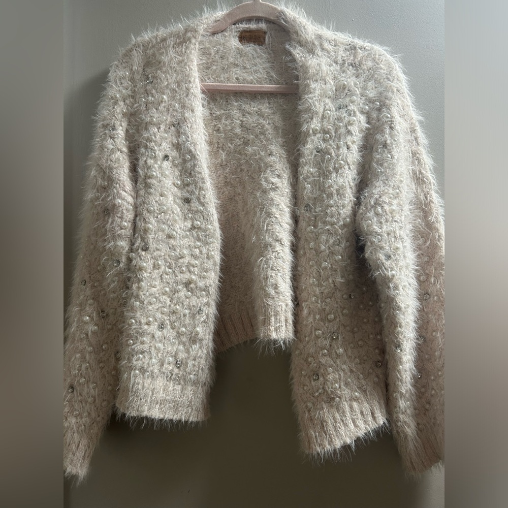 Beautiful Pearl & Diamond Fuzzy Cardigan